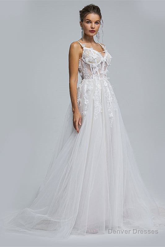 A-Line Spaghetti Strap Sweetheart Tulle Applique Floor-Length Sleeveless Wedding Dresses Secondary image