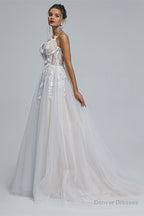 A-Line Spaghetti Strap Sweetheart Tulle Applique Floor-Length Sleeveless Wedding Dresses
