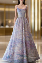 A-Line Spaghetti Strap Tulle Applique Long Prom Dress Adult Ceremony Birthday Dress