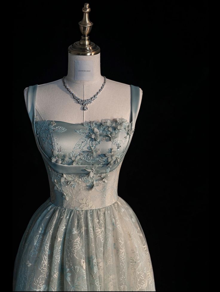 Chic Spaghetti Straps A-Line Embroidery Satin Tulle Long Prom Dresses,Sweet 16 Dress With Appliqué