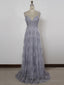 A Line Spaghetti Straps Backless Gray Lace Prom Dresses, Gray Backless Formal Dresses, Backless Lace Evening Dresses