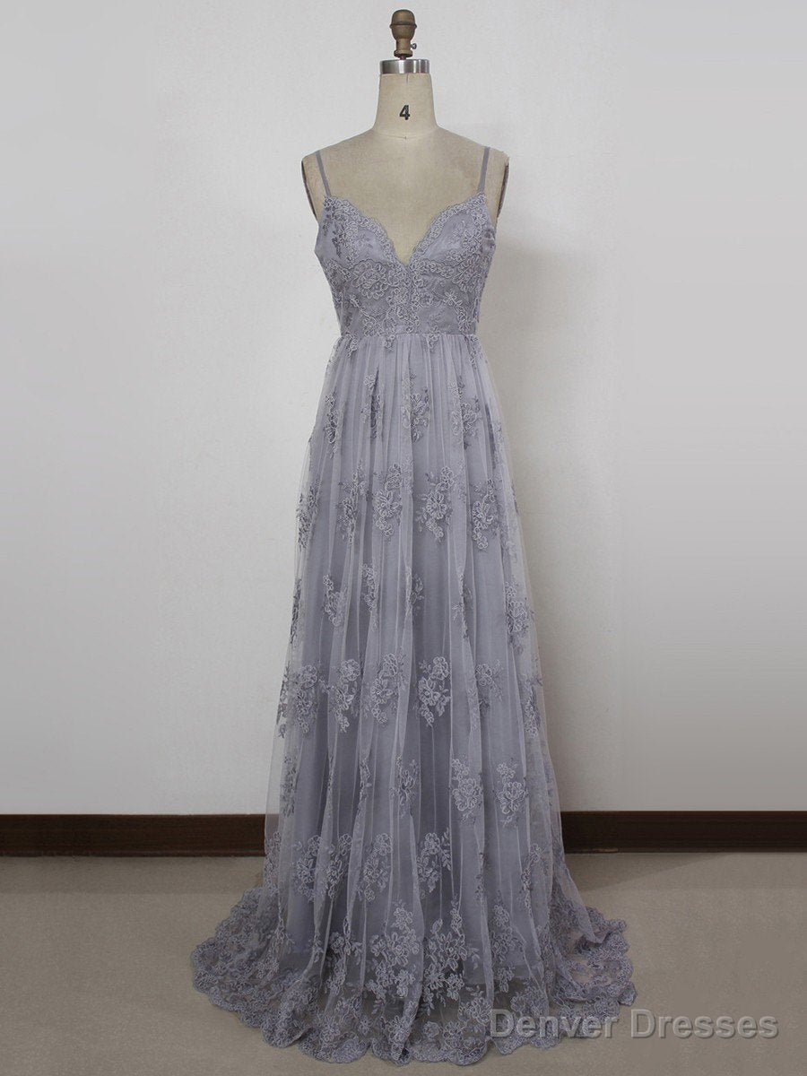 A Line Spaghetti Straps Backless Gray Lace Prom Dresses, Gray Backless Formal Dresses, Backless Lace Evening Dresses Main image