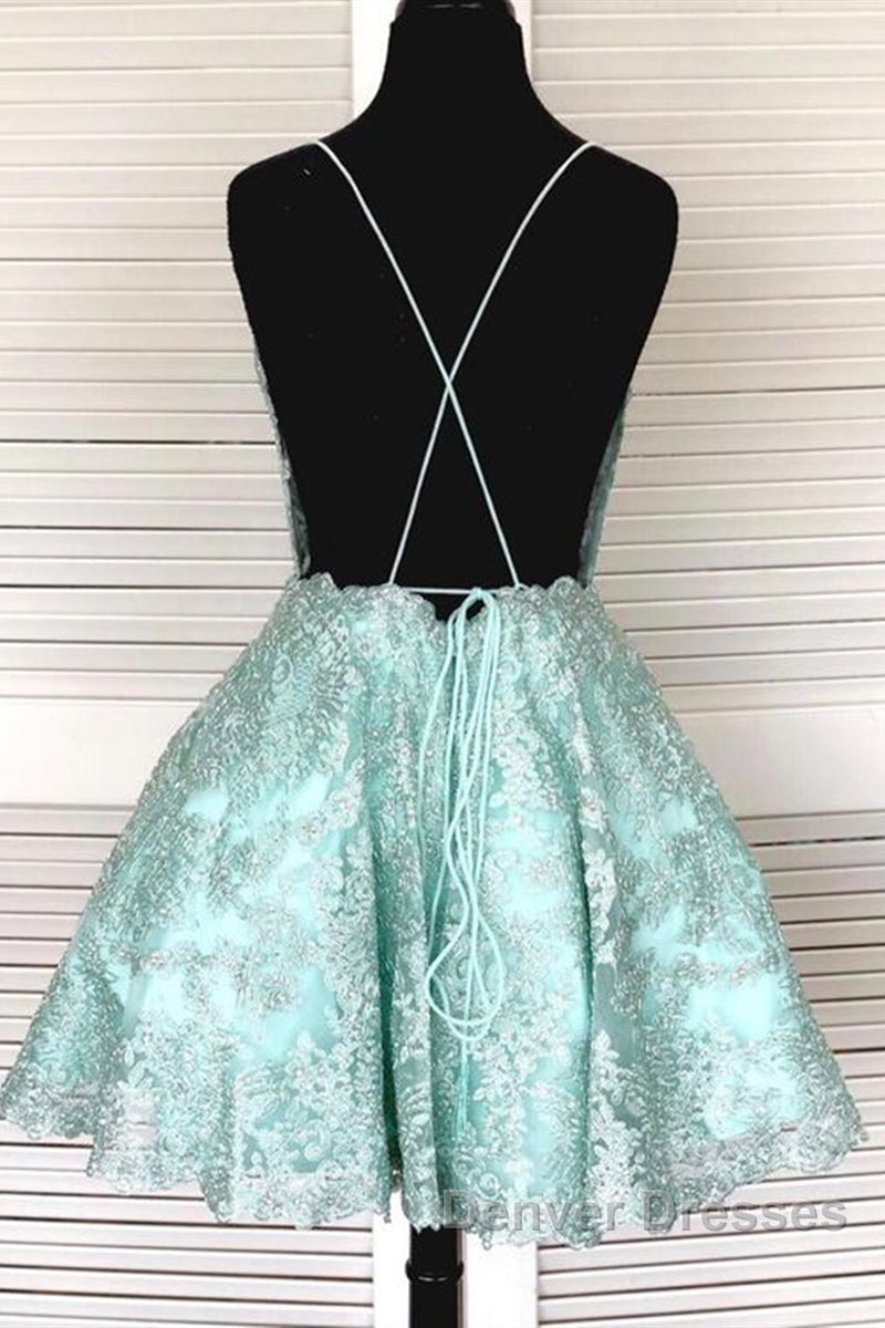 A-Line Spaghetti Straps Backless Mint Green Lace Short Prom Dress, Backless Mint Green Lace Formal Graduation Homecoming Dress Secondary image