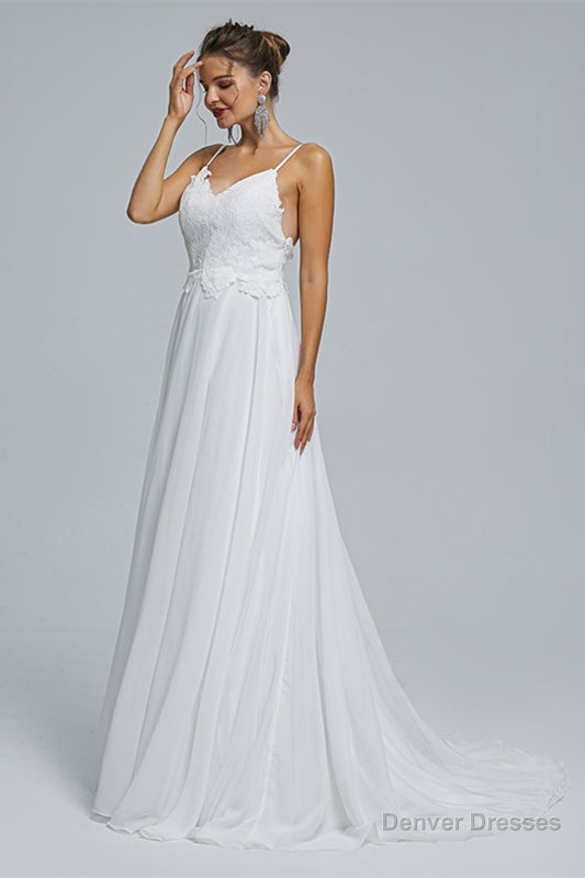 A-Line Spaghetti Straps Beach Lace Wedding Dresses