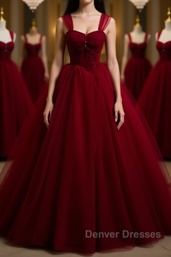 A Line Spaghetti Straps Beaded Burgundy Tulle Long Prom Dress, Long Burgundy Formal Evening Dress