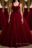 A Line Spaghetti Straps Beaded Burgundy Tulle Long Prom Dress, Long Burgundy Formal Evening Dress