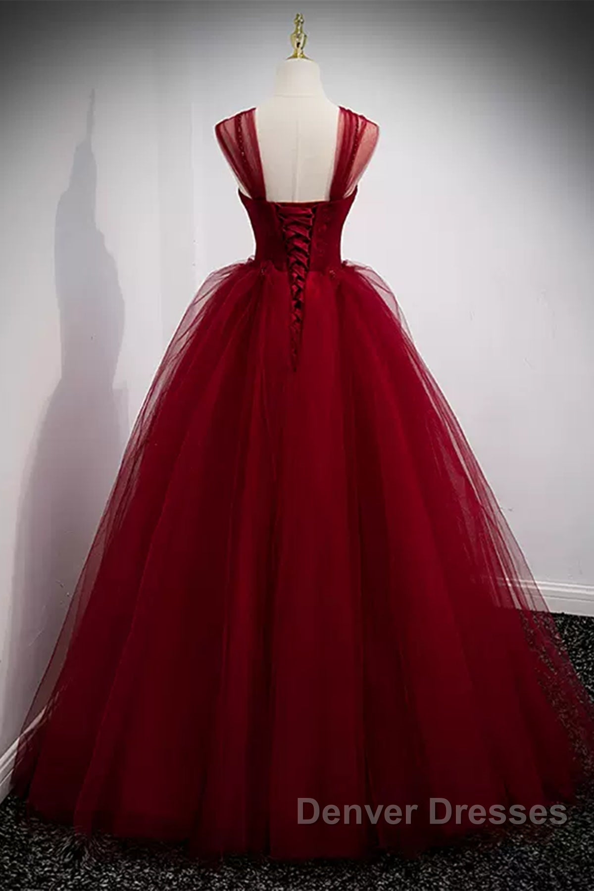 A Line Spaghetti Straps Beaded Burgundy Tulle Long Prom Dress, Long Burgundy Formal Evening Dress
