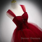 A Line Spaghetti Straps Beaded Burgundy Tulle Long Prom Dress, Long Burgundy Formal Evening Dress