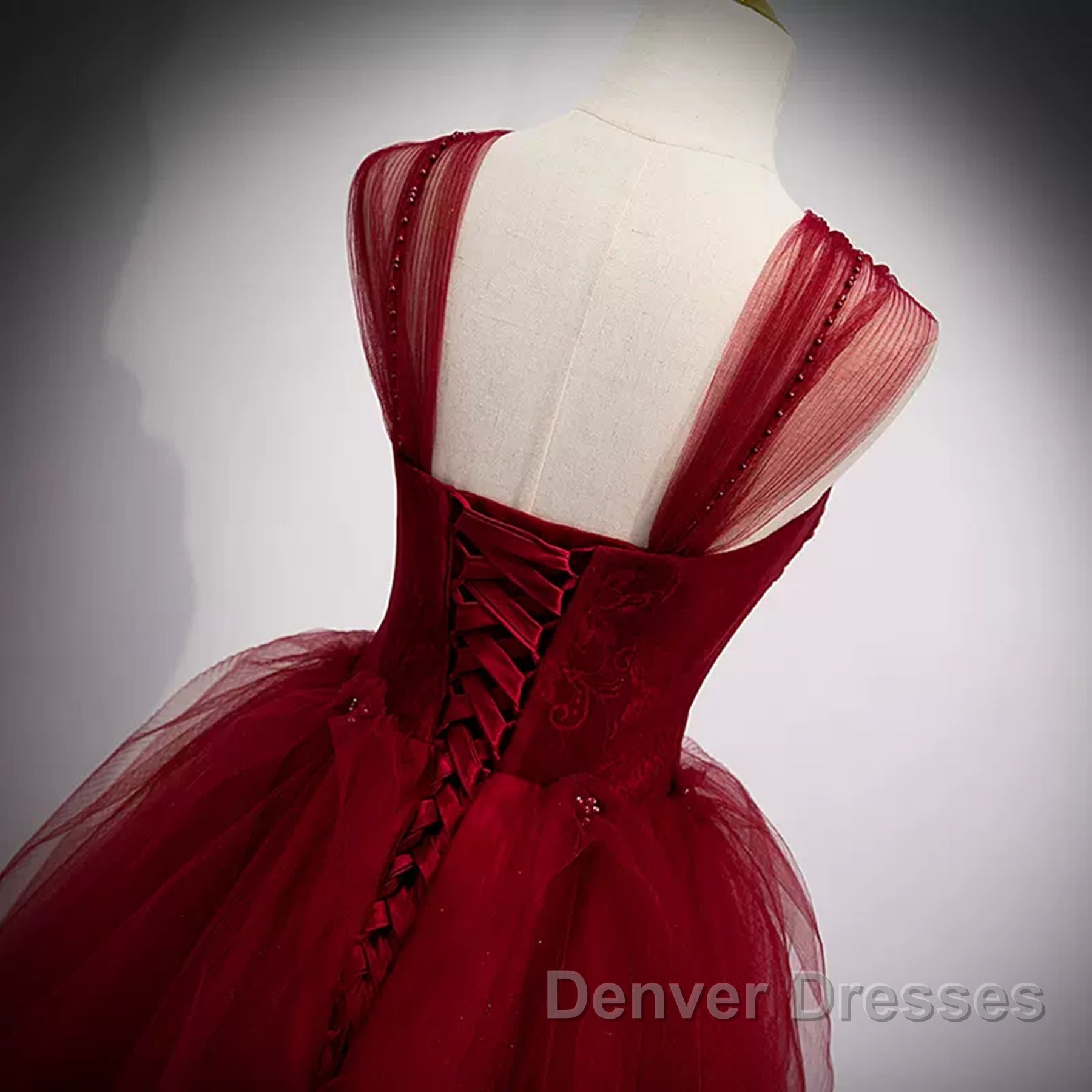 A Line Spaghetti Straps Beaded Burgundy Tulle Long Prom Dress, Long Burgundy Formal Evening Dress