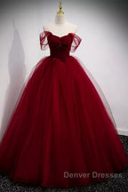 A Line Spaghetti Straps Beaded Burgundy Tulle Long Prom Dress, Long Burgundy Formal Evening Dress