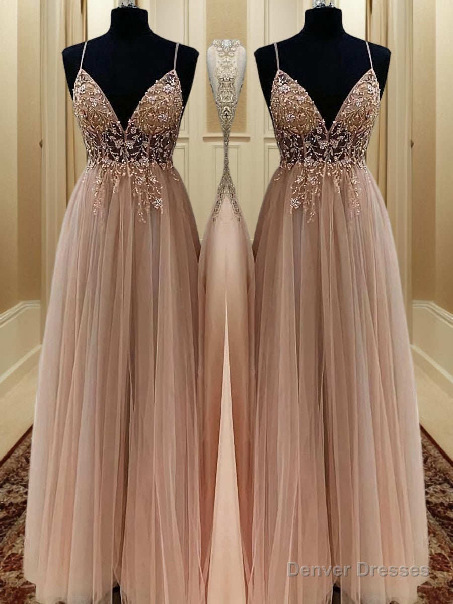 A-line Spaghetti Straps Beading Floor-Length Tulle Dress
