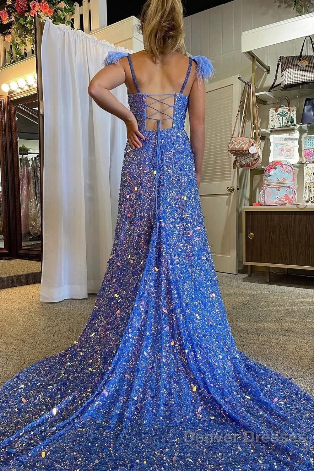 A Line Spaghetti Straps Blue Sequins Long Prom Dress with Feathers Secondary image