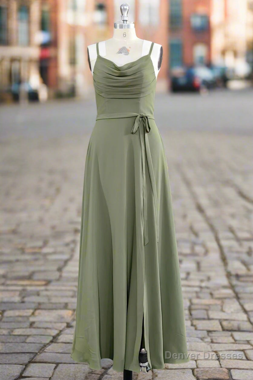 A Line Spaghetti Straps Chiffon Long Bridesmaid Dress with Slit Backless Main image
