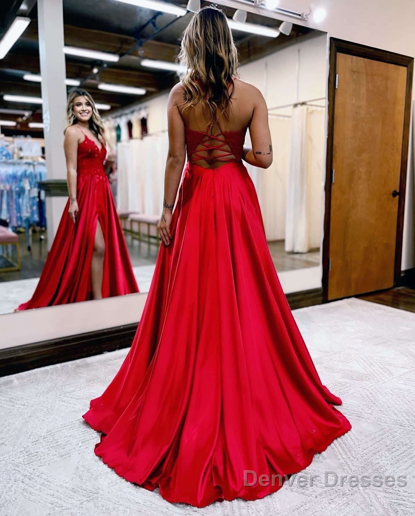 A-line Spaghetti Straps Corset Back Prom Dress With Split Secondary image
