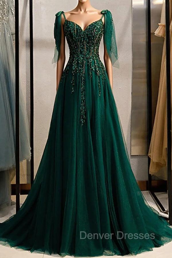 A-Line Spaghetti Straps Dark Green Prom Dress with Beading