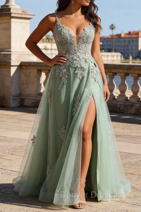 A Line Spaghetti Straps Green Long Prom Dress with Criss Cross Back Main image