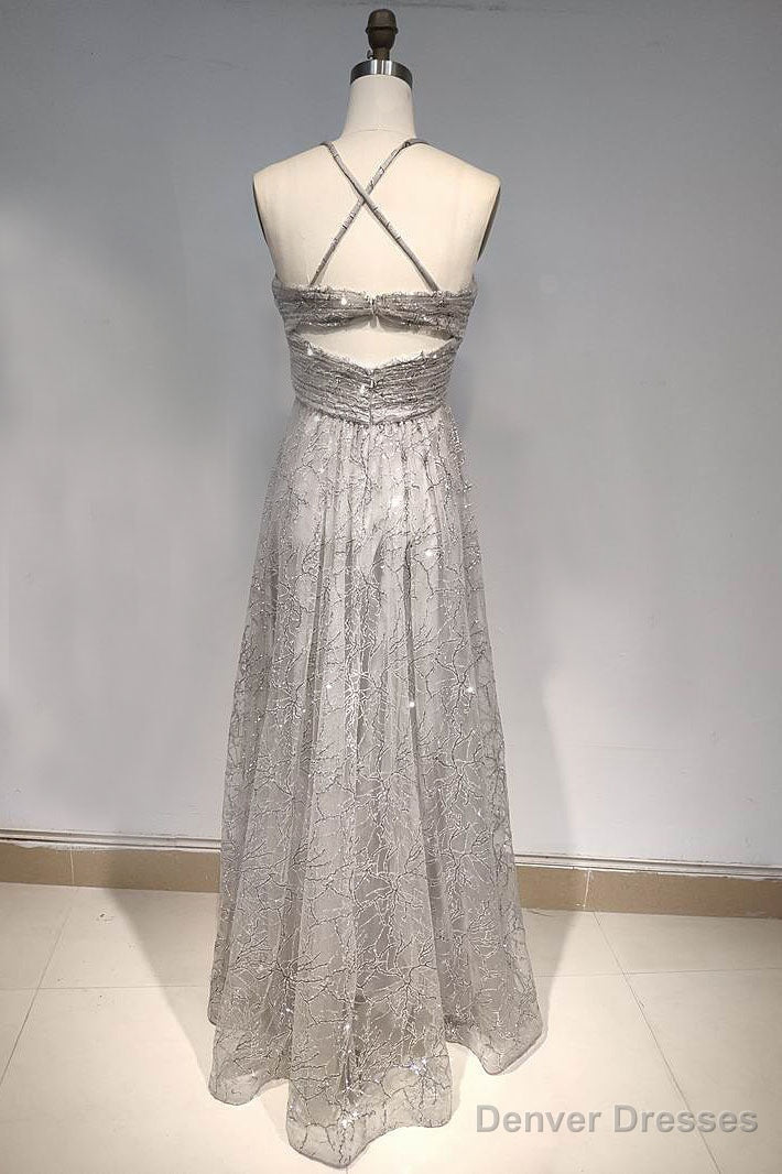 A Line Spaghetti Straps/Halter Shiny Dresses With Criss-Cross Back Secondary image