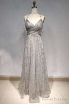 A Line Spaghetti Straps/Halter Shiny Dresses With Criss-Cross Back