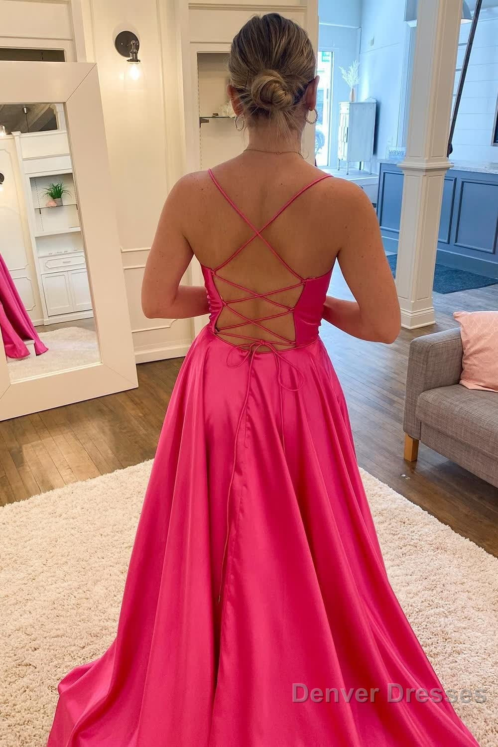A Line Spaghetti Straps Hot Pink Long Prom Dress with Split Front Secondary image