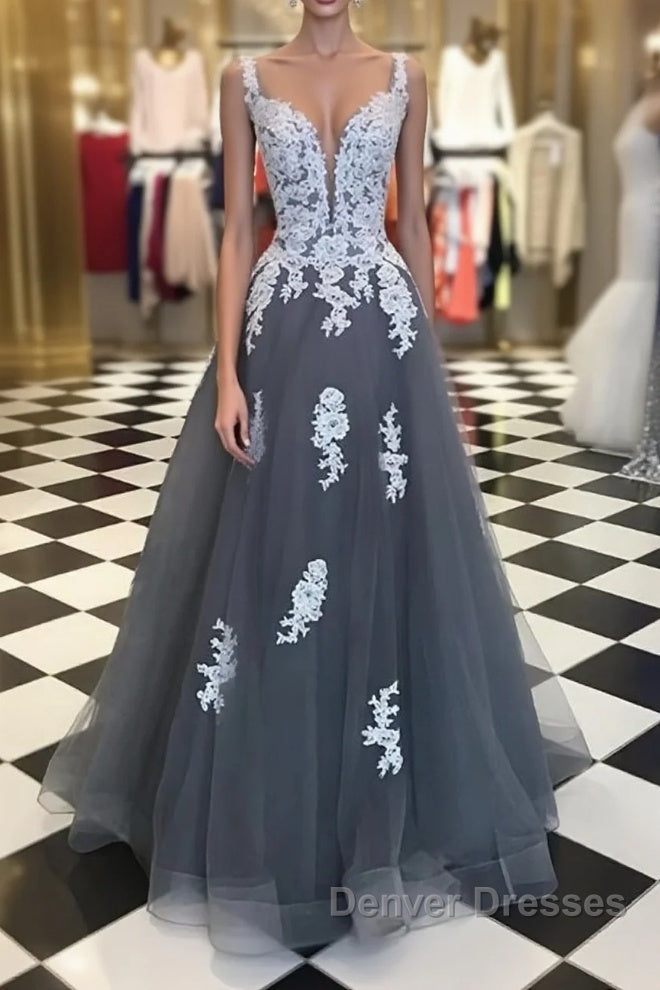 A Line Spaghetti Straps Lace Grey Tulle Long Prom Dress, Grey Formal Bridesmaid Dress, Evening Dress Main image