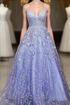 Lavender Spaghetti Straps Lace Floral A-line Formal Gowns Long Prom Dress