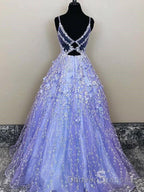 Lavender Spaghetti Straps Lace Floral A-line Formal Gowns Long Prom Dress