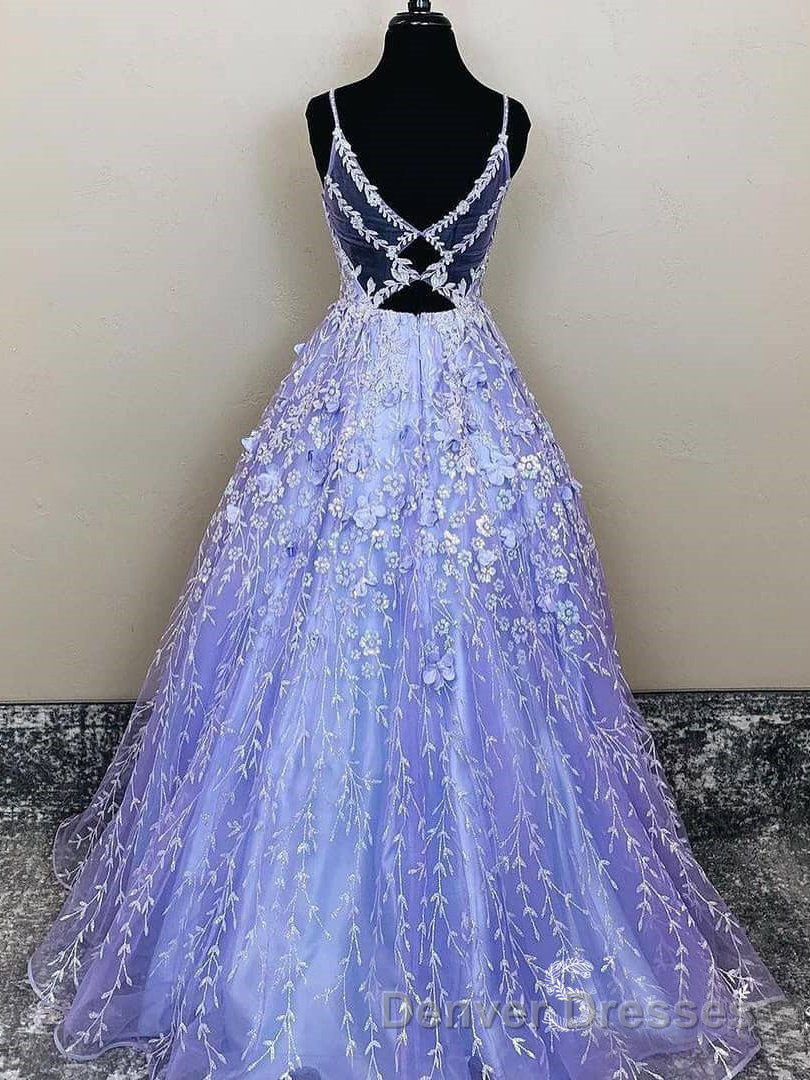 Lavender Spaghetti Straps Lace Floral A-line Formal Gowns Long Prom Dress