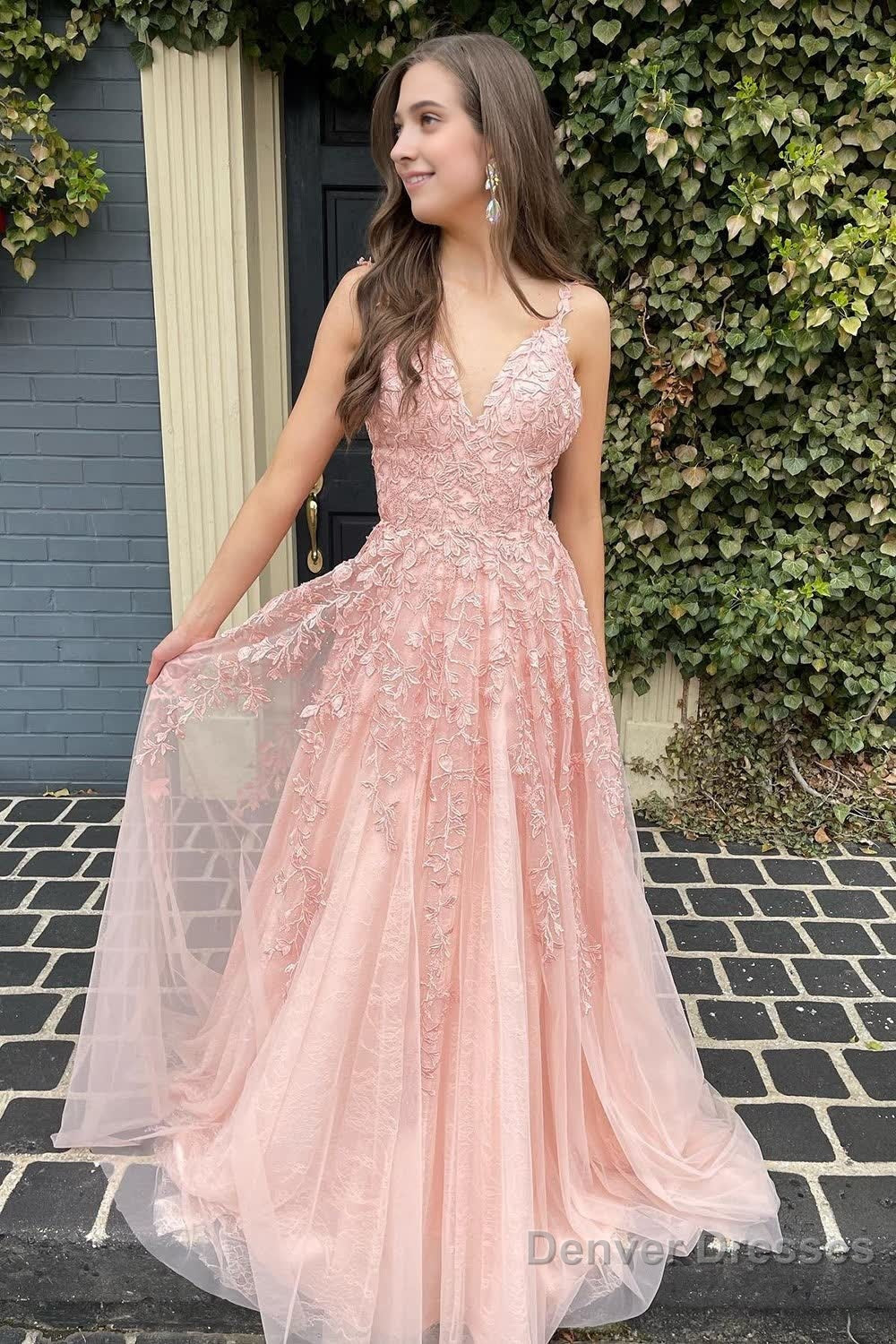 A Line Spaghetti Straps Light Pink Long Prom Dress with Appliques Main image