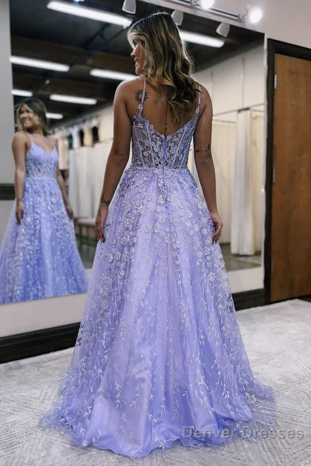 A Line Spaghetti Straps Lilac Corset Prom Dress with Appliques Secondary image