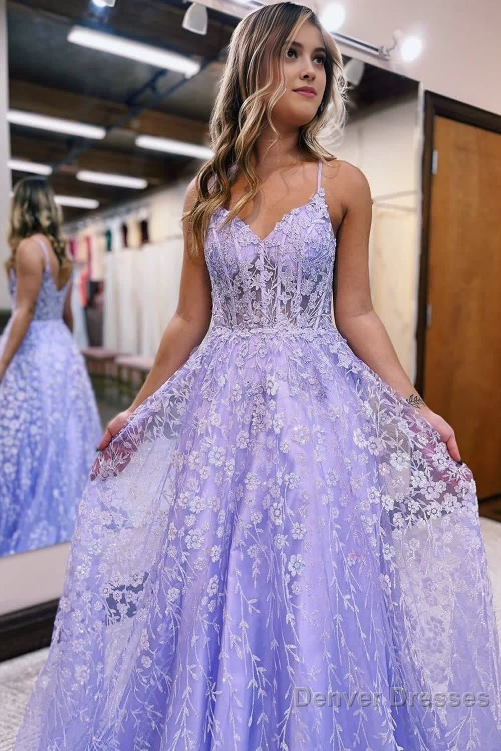 A Line Spaghetti Straps Lilac Corset Prom Dress with Appliques Main image