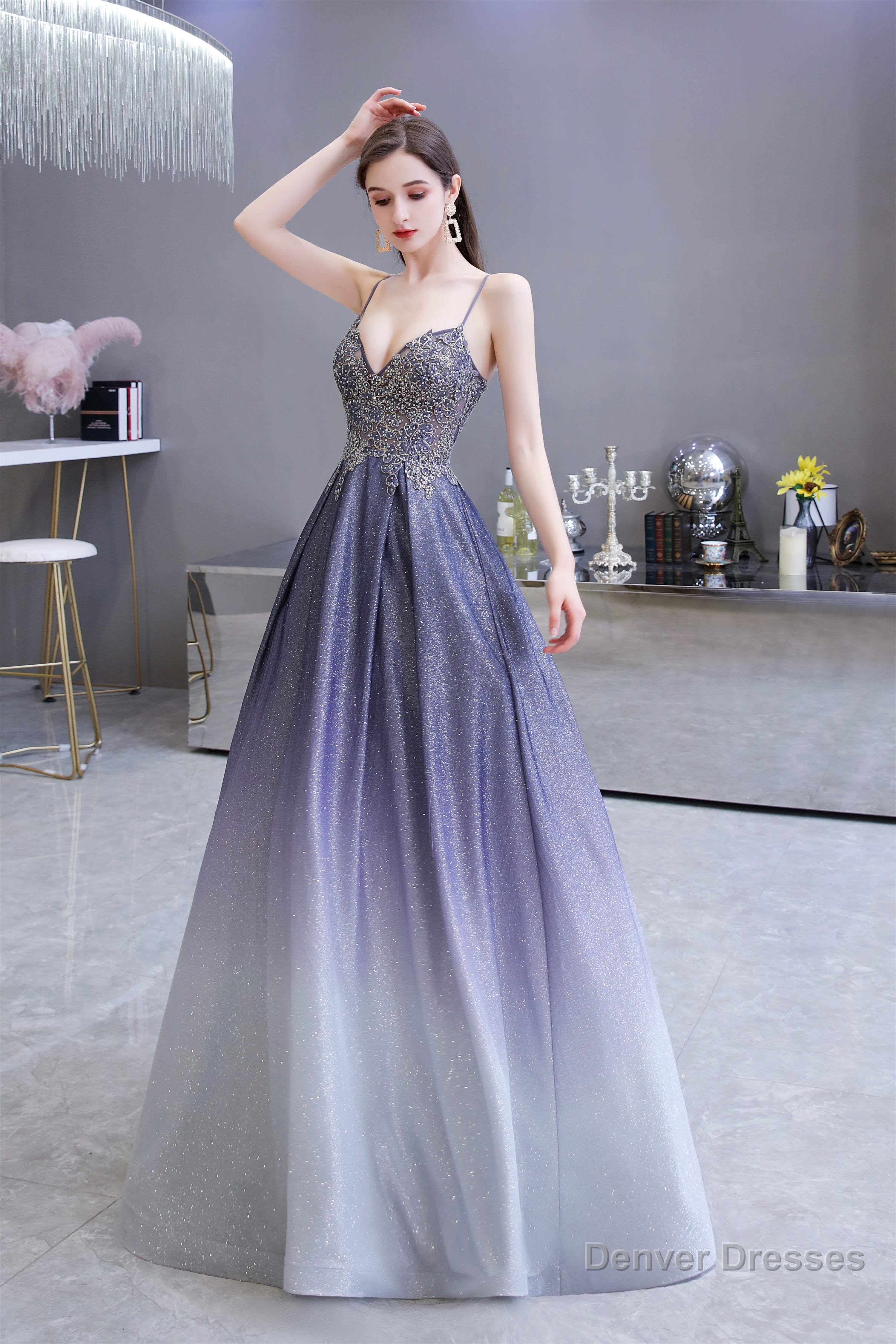A-Line Spaghetti Straps Long Sequins Prom Dresses Secondary image