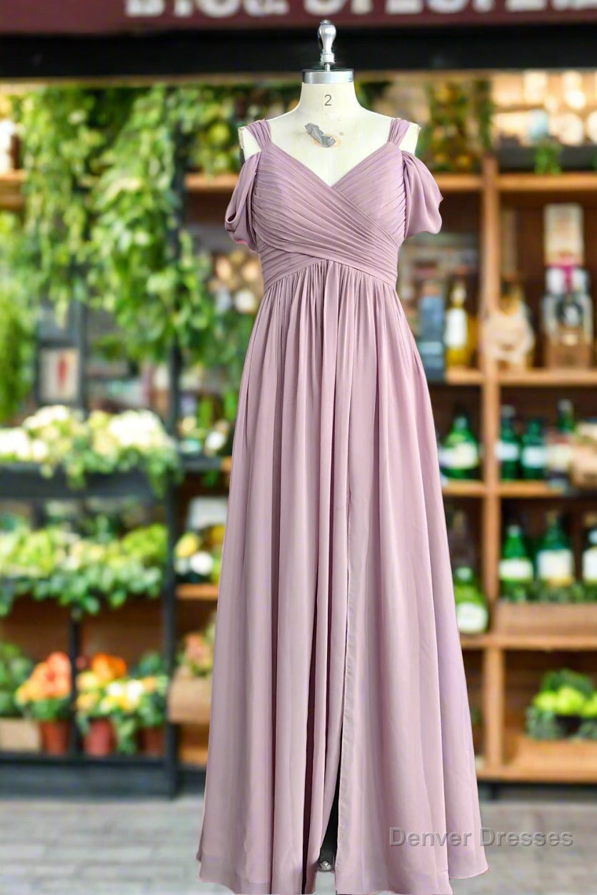 A Line Spaghetti Straps Pleated Chiffon Vintage Mauve Bridesmaid Dress with Slit Secondary image