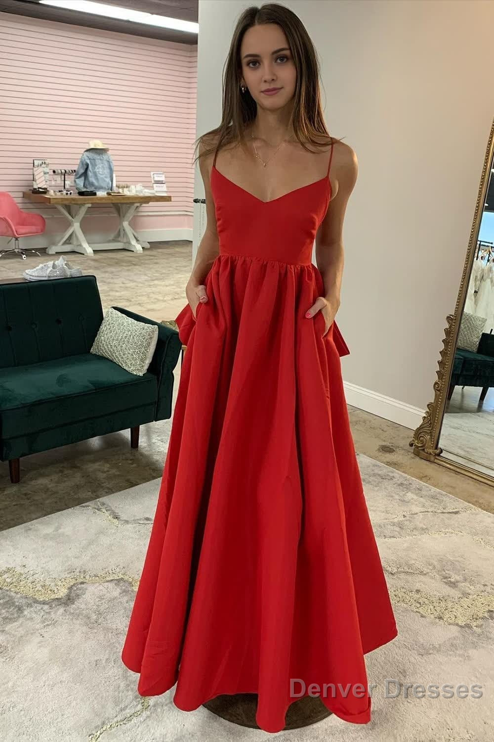 A Line Spaghetti Straps Red Long Prom Dress with Pockets Main image