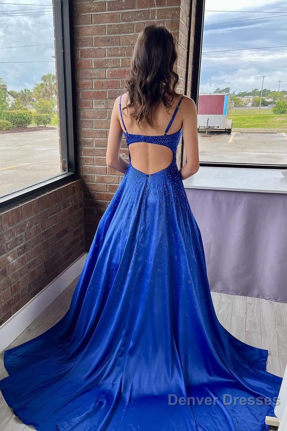 A-Line Spaghetti Straps Royal Blue Long Prom Dress with Beading Secondary image