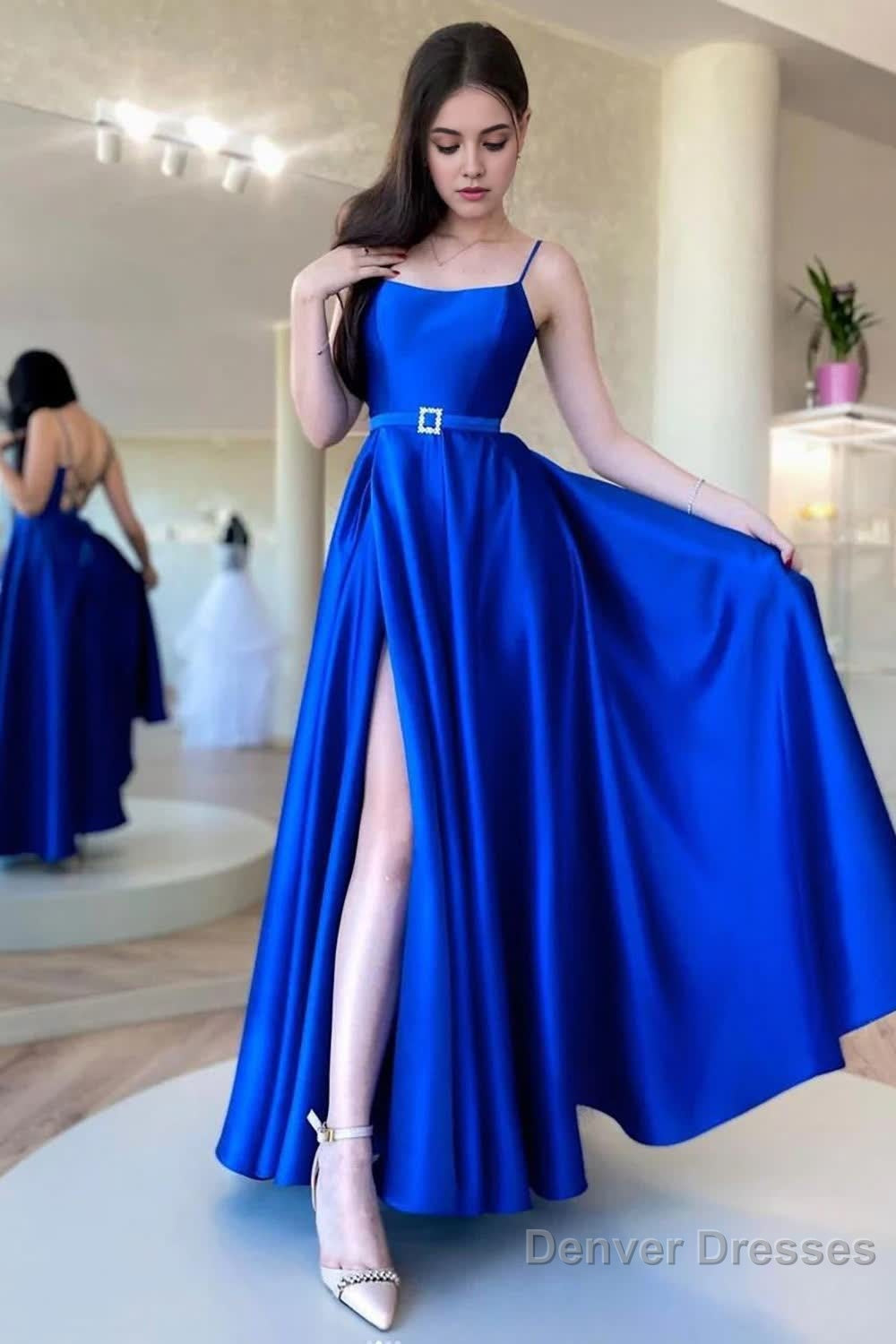 A Line Spaghetti Straps Royal Blue Long Prom Dress with Split Front Main image