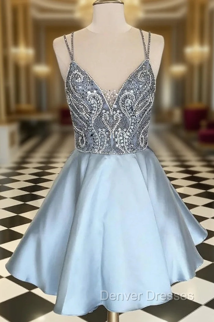 A Line Spaghetti Straps Satin Backless Homecoming Dress With Pocket Main image