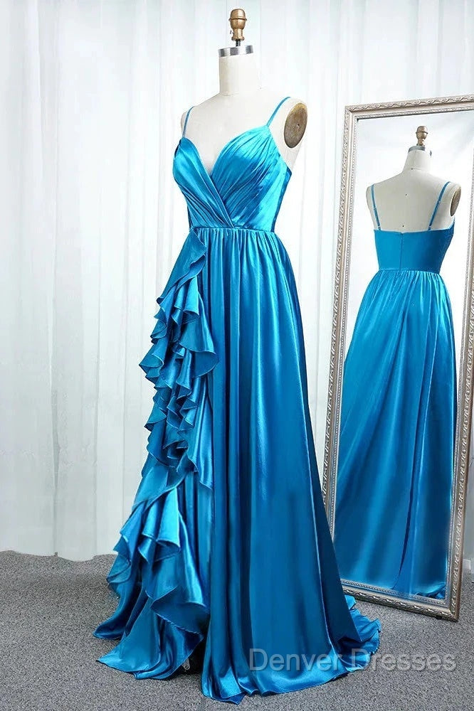 A Line Spaghetti Straps Satin Prom Dress With Slit And Flounced Secondary image