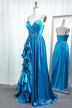 A Line Spaghetti Straps Satin Prom Dress With Slit And Flounced