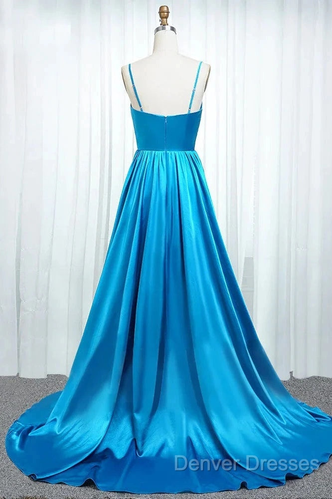 A Line Spaghetti Straps Satin Prom Dress With Slit And Flounced