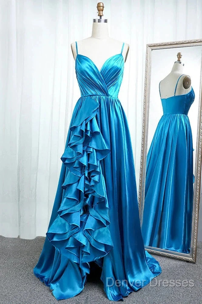 A Line Spaghetti Straps Satin Prom Dress With Slit And Flounced