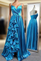 A Line Spaghetti Straps Satin Prom Dress With Slit And Flounced