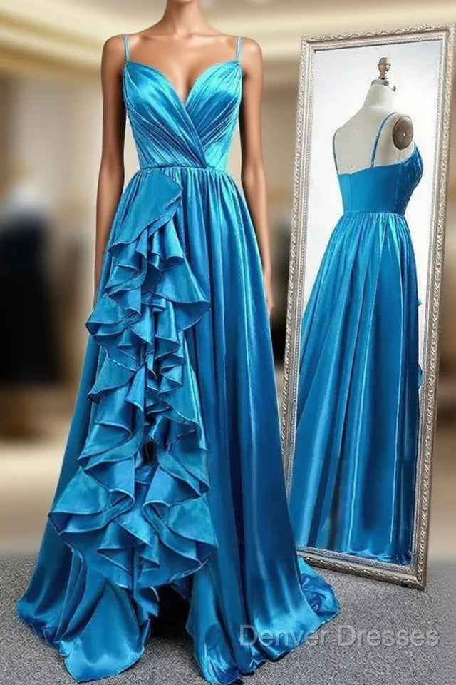 A Line Spaghetti Straps Satin Prom Dress With Slit And Flounced