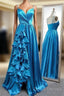 A Line Spaghetti Straps Satin Prom Dress With Slit And Flounced
