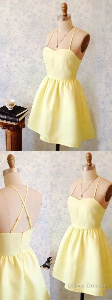 A-Line Spaghetti Straps Short Yellow Satin Homecoming Dress Main image