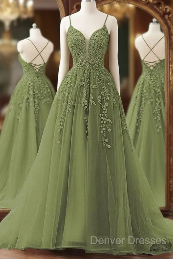 A-Line Spaghetti Straps Sweep Train Prom Dress, Sage Green Tulle Formal Dress Main image