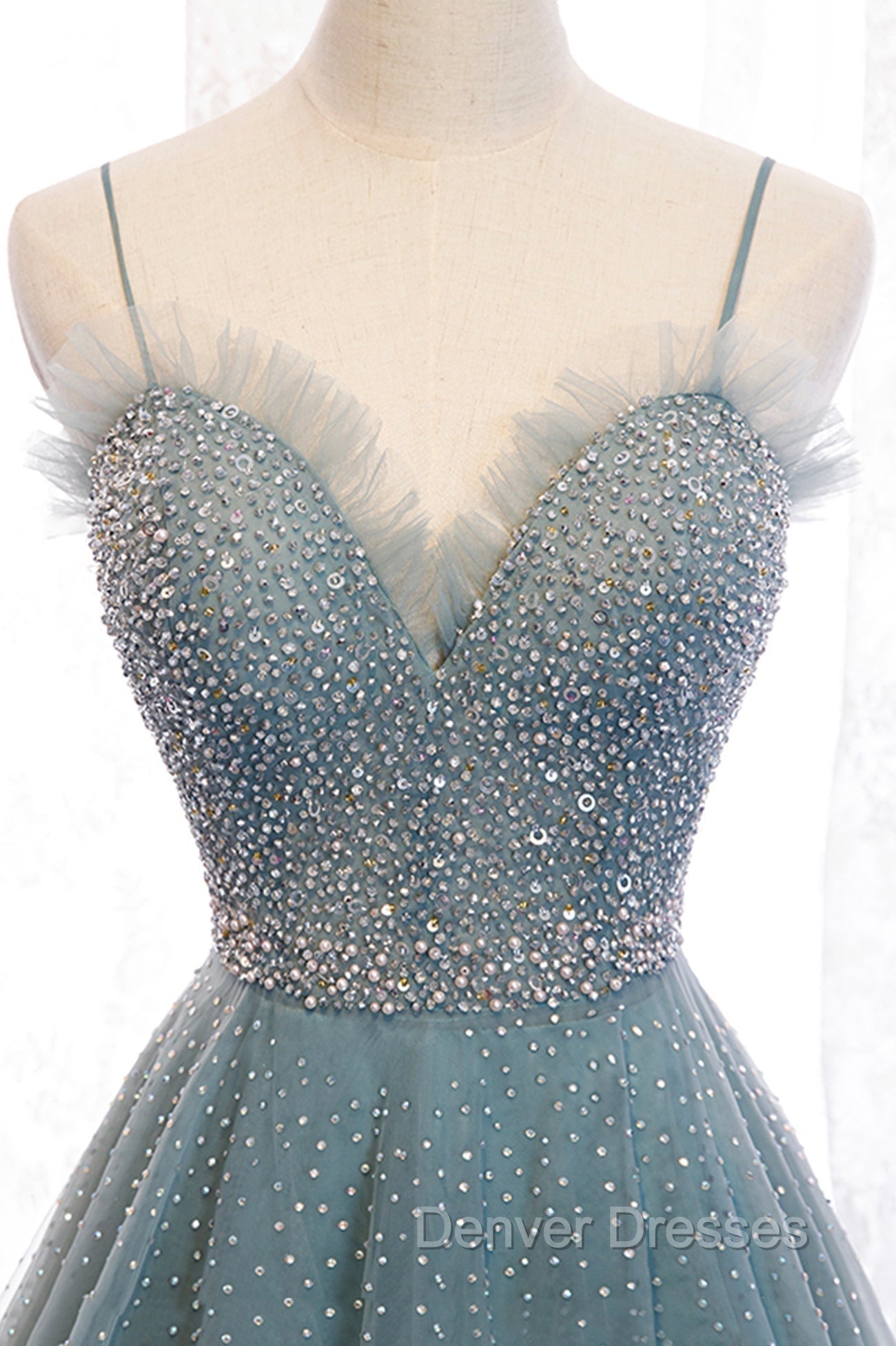 A-Line Spaghetti Straps Tulle Beaded Long Prom Dress, Cute Evening Party Dress Secondary image