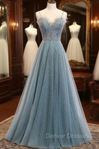 A-Line Spaghetti Straps Tulle Beaded Long Prom Dress, Cute Evening Party Dress