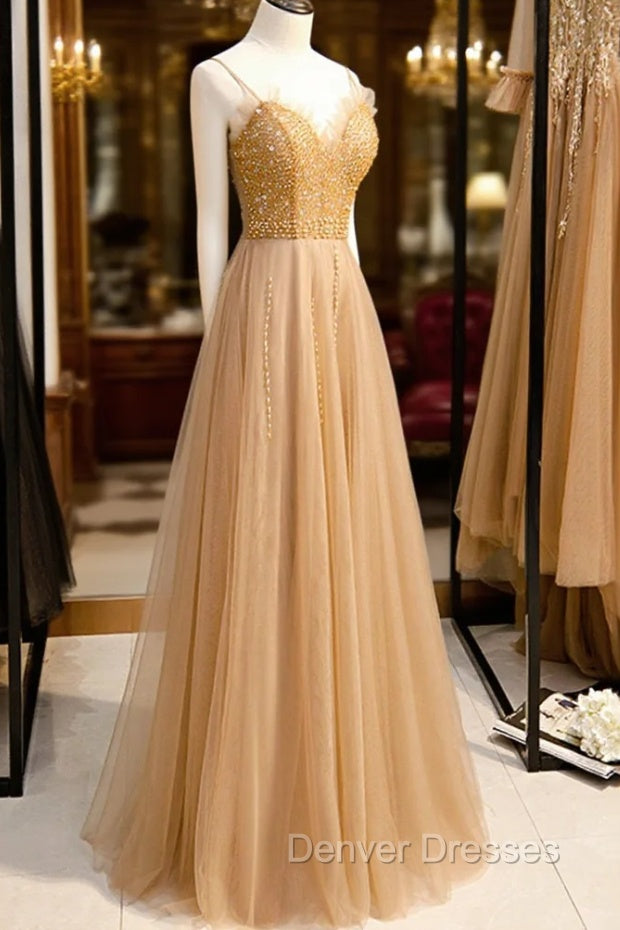 A-Line Spaghetti Straps Tulle Beaded Long Prom Dress, Evening Party Dress Secondary image