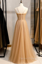 A-Line Spaghetti Straps Tulle Beaded Long Prom Dress, Evening Party Dress