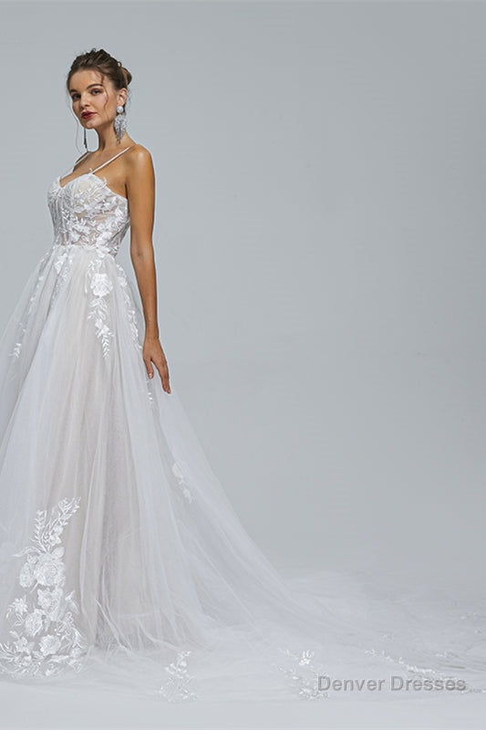 A-Line Spaghetti Straps Tulle Decal Long Wedding Dresses